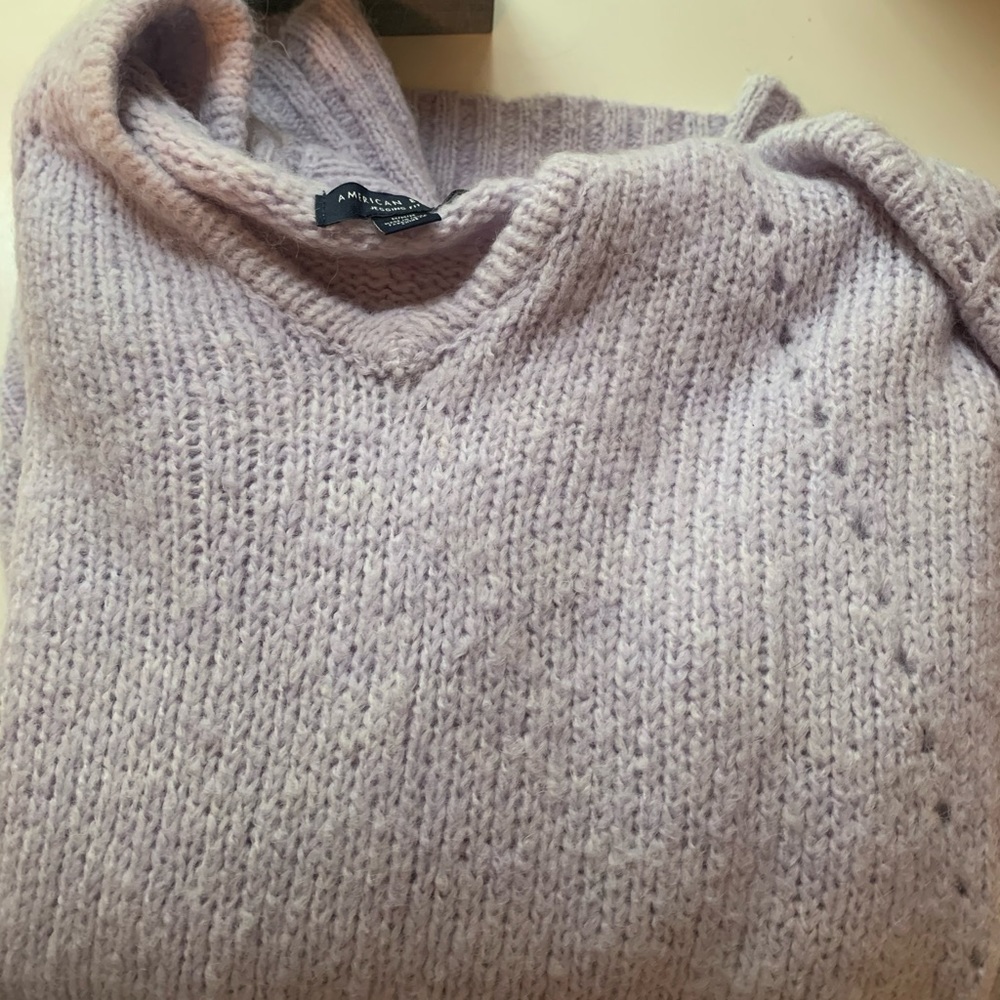 Lilac V-neck hooded sweater.